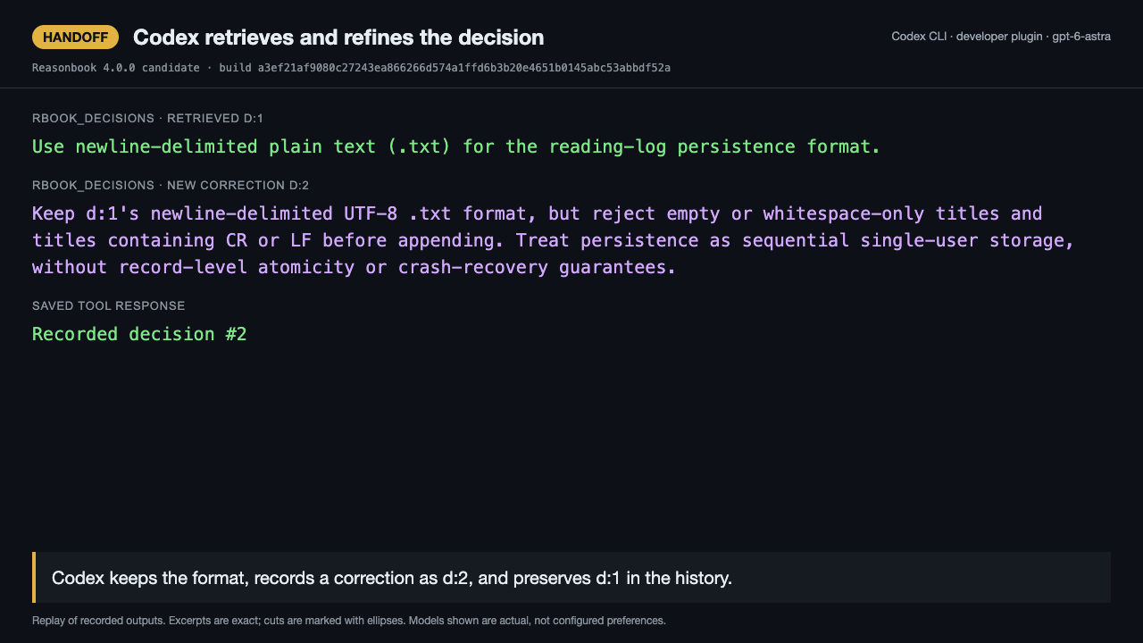Codex retrieves decision 1, the plain-text format choice, and records decision 2 with input validation and explicit persistence limits.